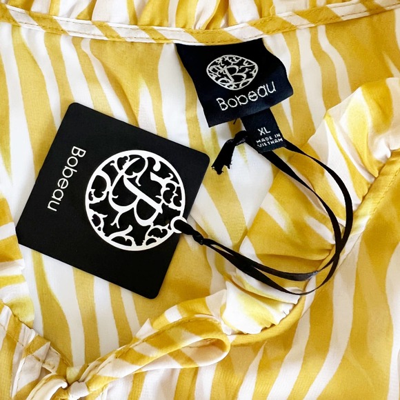 Bobeau Yellow White Animal Print Ruffle Tie Neck Blouse Women's Size X-Large XL - Picture 6 of 9